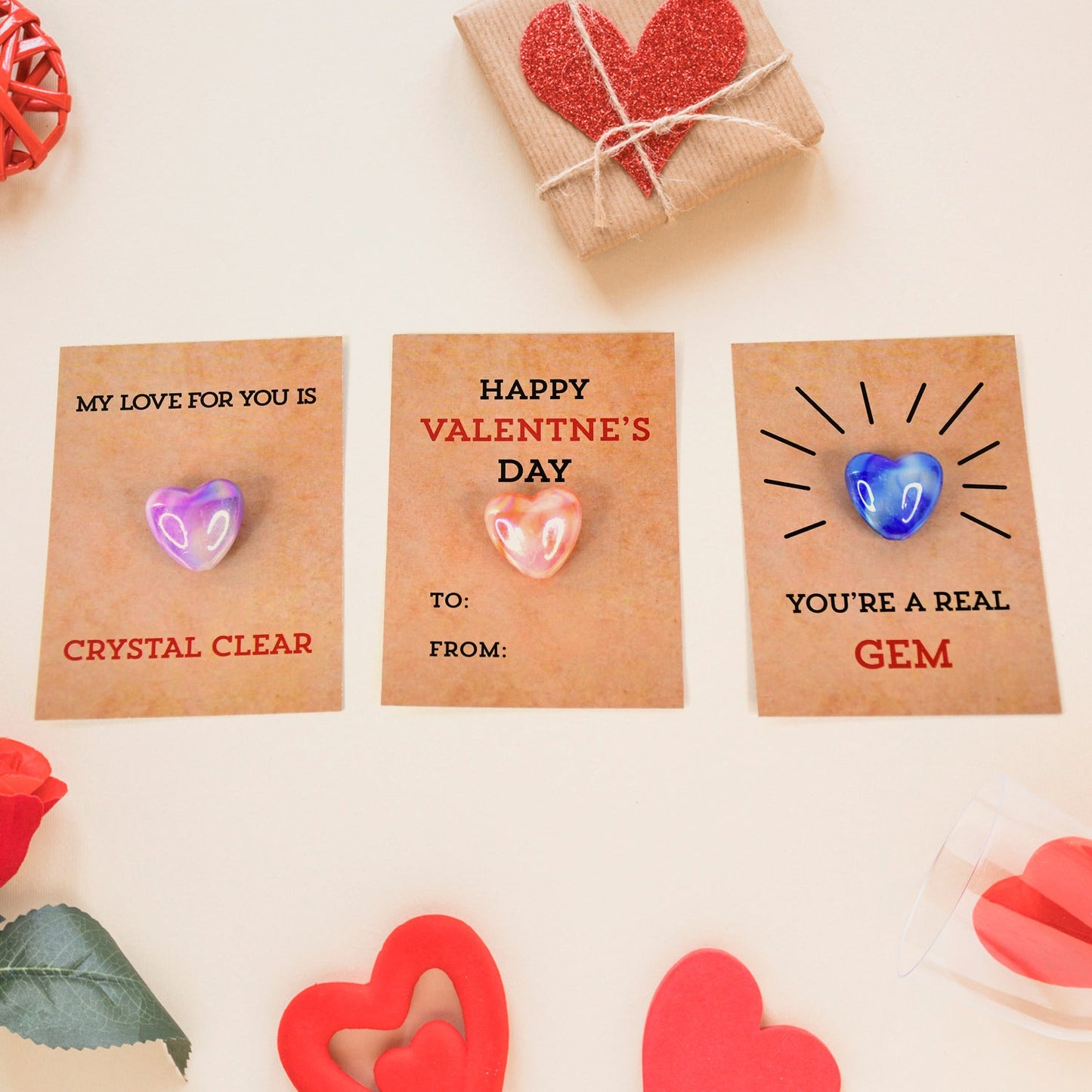 Heart-Shaped Crystal Gem Valentines with Gift Cards (24 Pc)